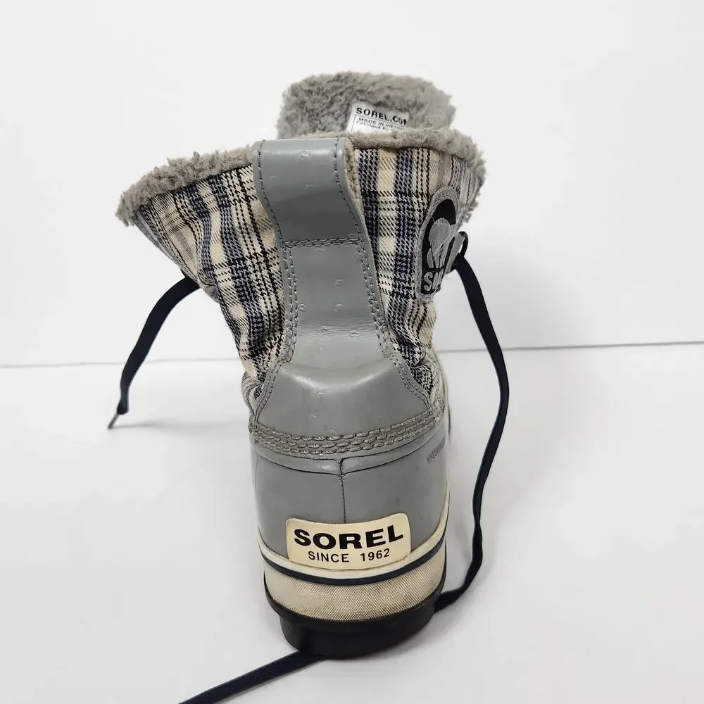 Sorel Gray Plaid Snow Boots Womens Size 10 Waterproof Insulated Faux Fur